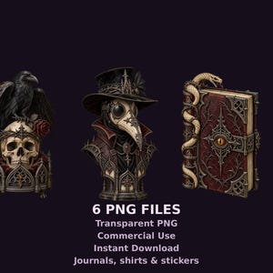 May include: A digital collection of three illustrations featuring a black raven perched on a skull, a plague doctor bust wearing a top hat, and a red leather-bound book with a snake coiled around the spine and a central eye emblem.