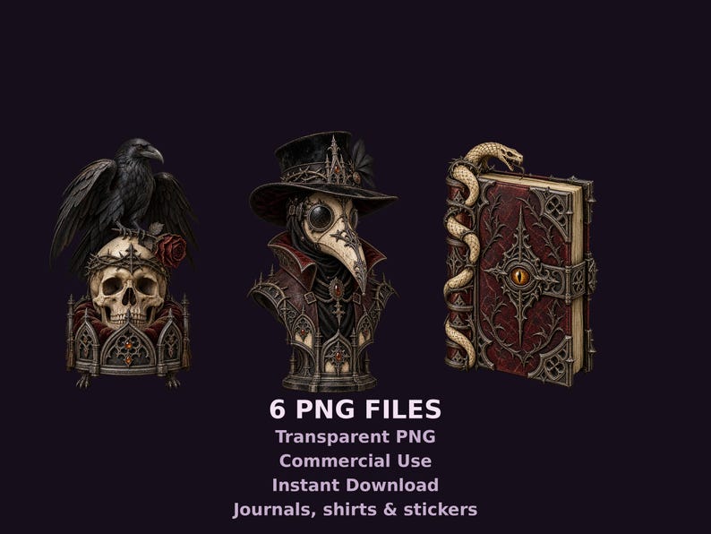 May include: A digital collection of three illustrations featuring a black raven perched on a skull, a plague doctor bust wearing a top hat, and a red leather-bound book with a snake coiled around the spine and a central eye emblem.