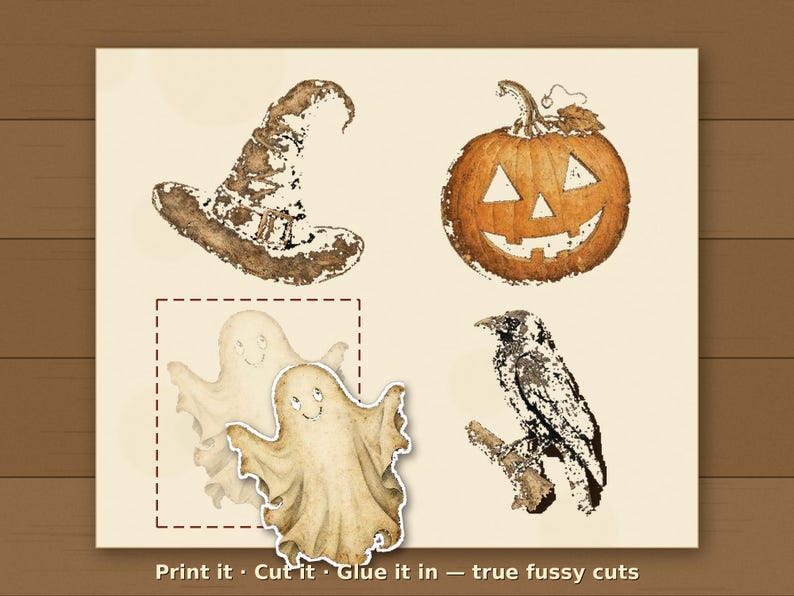 May include: A digital sheet featuring four Halloween-themed illustrations: a brown witch hat, an orange jack-o'-lantern, a black crow on a branch, and a beige ghost. The text at the bottom reads: Print it &middot; Cut it &middot; Glue it in &mdash; true fussy cuts.