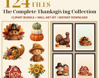 Complete Thanksgiving Collection, Thanksgiving Clipart + Printable Wall Art, 52 PNG & 12 Prints, Fall Decor, Transparent, Commercial Use
