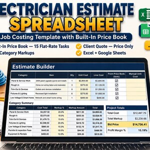 Electrician Estimate Spreadsheet Job Costing Template | Electrical Price Book Invoice Quote Excel Google Sheets