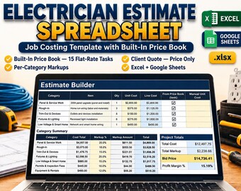 Electrician Estimate Spreadsheet Job Costing Template | Electrical Price Book Invoice Quote Excel Google Sheets