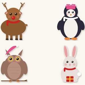 May include: A set of four flat animal illustrations featuring a brown reindeer with a red scarf, a black and white penguin wearing a pink hat and white scarf, a brown owl with a pink hat, and a white rabbit wearing a red scarf with a gift.