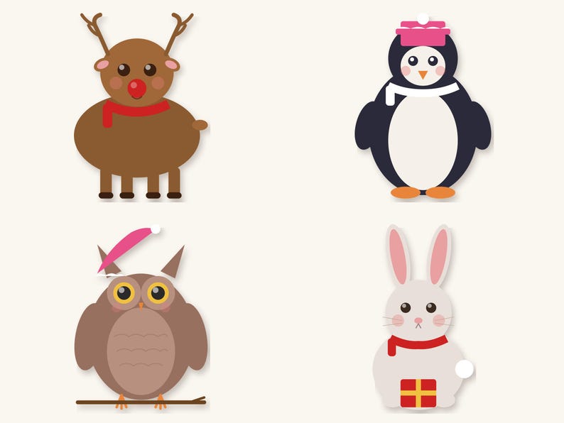 May include: A set of four flat animal illustrations featuring a brown reindeer with a red scarf, a black and white penguin wearing a pink hat and white scarf, a brown owl with a pink hat, and a white rabbit wearing a red scarf with a gift.