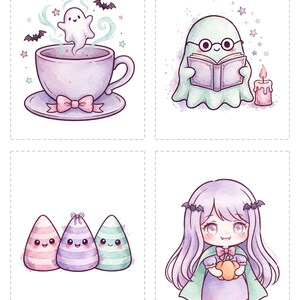 May include: Four illustrations featuring a ghost rising from a purple teacup, a ghost reading a book with a candle, three striped candy corn characters, and a character with long purple hair holding a pumpkin, all in a soft watercolor style.