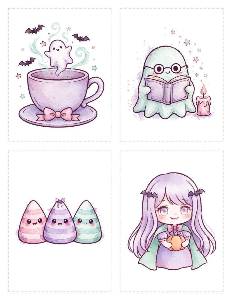 May include: Four illustrations featuring a ghost rising from a purple teacup, a ghost reading a book with a candle, three striped candy corn characters, and a character with long purple hair holding a pumpkin, all in a soft watercolor style.