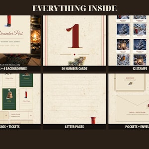 May include: A December Post journal kit featuring a cover, 56 number cards, 12 stamps, tags, tickets, lined letter pages, pockets, and an envelope. The set includes cream-colored paper with red and green accents, featuring illustrations of post boxes, robins, and lanterns.