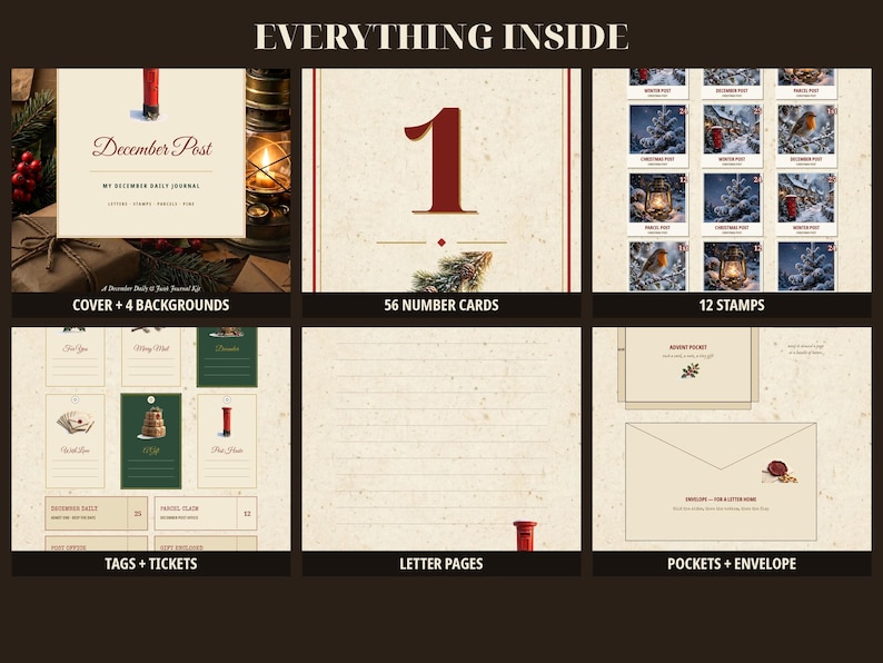 May include: A December Post journal kit featuring a cover, 56 number cards, 12 stamps, tags, tickets, lined letter pages, pockets, and an envelope. The set includes cream-colored paper with red and green accents, featuring illustrations of post boxes, robins, and lanterns.