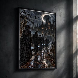 May include: A framed wall art print depicting a dark, gothic scene with figures in long black coats and hats walking toward a towering cathedral under a large eclipse. The path is wet with fallen leaves, and the figures carry glowing lanterns.