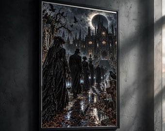 May include: A framed wall art print depicting a dark, gothic scene with figures in long black coats and hats walking toward a towering cathedral under a large eclipse. The path is wet with fallen leaves, and the figures carry glowing lanterns.