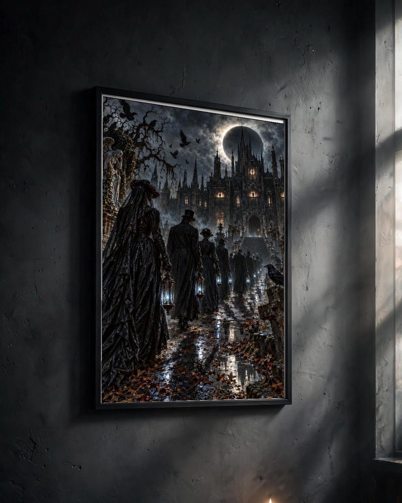 K&ouml;nnte beinhalten: Ein gerahmter Kunstdruck, der eine d&uuml;stere, gotische Szene zeigt, in der Gestalten in langen schwarzen M&auml;nteln und H&uuml;ten unter einer gro&szlig;en Sonnenfinsternis auf eine Kathedrale zugehen. Der Weg ist nass und mit Herbstlaub bedeckt.