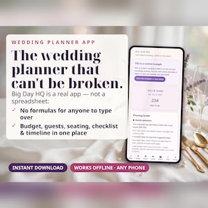 May include: A digital wedding planner app interface titled Big Day HQ displayed on a smartphone screen, featuring sections for budget, guests, seating, and checklists. The text reads: The wedding planner that can't be broken. Instant download.