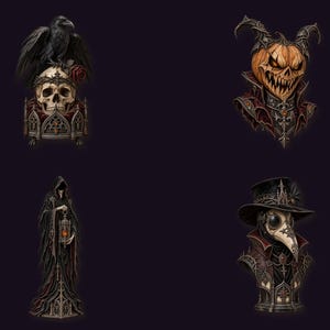 May include: A set of four illustrations featuring a raven perched on a skull, a pumpkin-headed figure with horns, a cloaked figure holding a lantern, and a plague doctor bust, all rendered in dark, intricate, and ornate gothic detail.