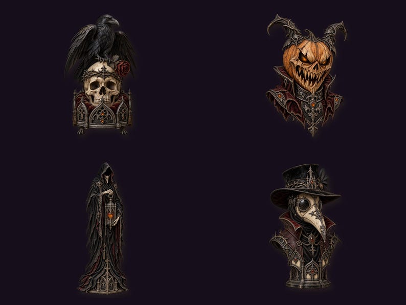 May include: A set of four illustrations featuring a raven perched on a skull, a pumpkin-headed figure with horns, a cloaked figure holding a lantern, and a plague doctor bust, all rendered in dark, intricate, and ornate gothic detail.