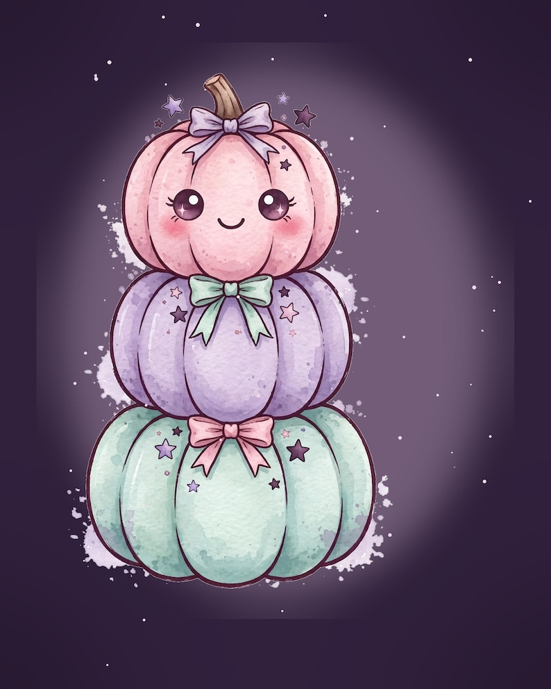Puede incluir: Una pila de tres calabazas ilustradas en rosa pastel, lavanda y verde menta. La calabaza superior presenta una cara sonriente con ojos grandes, un lazo peque&ntilde;o y un tallo marr&oacute;n. Cada calabaza est&aacute; decorada con lazos peque&ntilde;os y estrellas.
