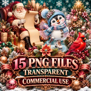 May include: A digital illustration featuring Santa Claus reading a scroll, a penguin wearing a blue knit hat and scarf on ice skates, and a red cardinal bird. The text reads 15 PNG FILES TRANSPARENT COMMERCIAL USE.