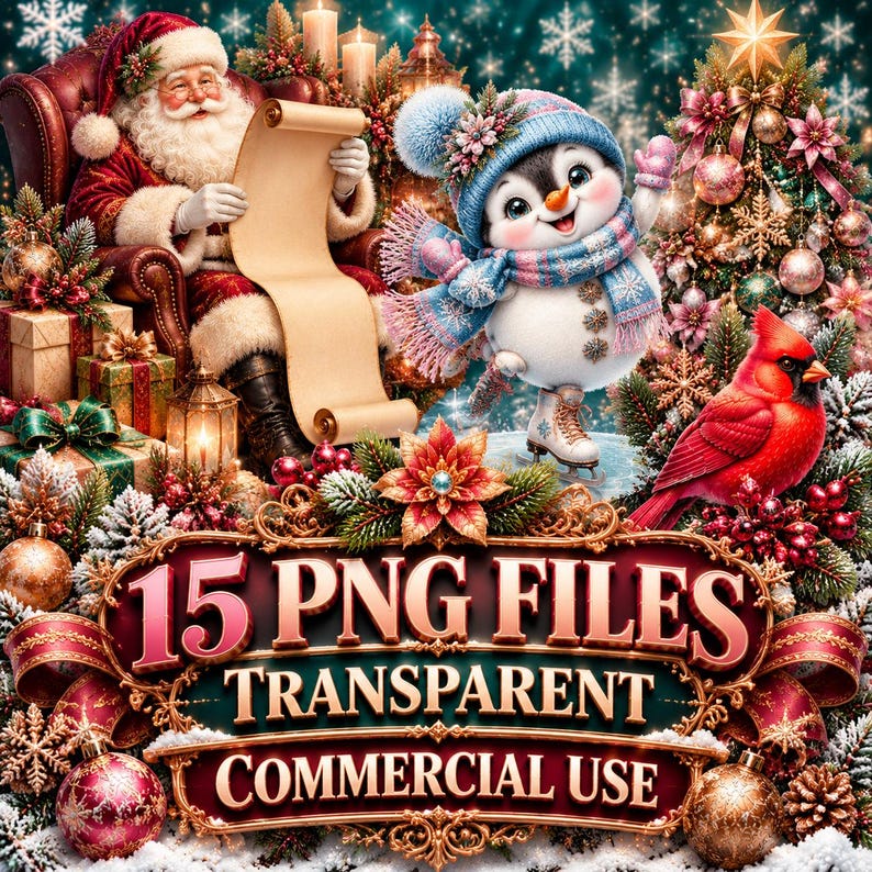 May include: A digital illustration featuring Santa Claus reading a scroll, a penguin wearing a blue knit hat and scarf on ice skates, and a red cardinal bird. The text reads 15 PNG FILES TRANSPARENT COMMERCIAL USE.