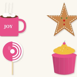May include: A set of four illustrations featuring a pink mug with the text JOY and white steam, a brown star-shaped gingerbread cookie with white icing, a pink and white striped circular lollipop, and a pink cupcake with yellow frosting.