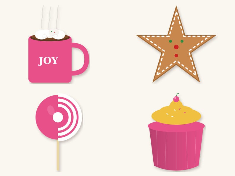 May include: A set of four illustrations featuring a pink mug with the text JOY and white steam, a brown star-shaped gingerbread cookie with white icing, a pink and white striped circular lollipop, and a pink cupcake with yellow frosting.