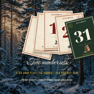 May include: A set of 56 cards featuring two number sets, 1-25 and 1-31, in 3x4 inch pocket size. The cards are cream-colored with red text and borders, except for one dark green card with white text. Text includes December, December Post, and Two number sets.