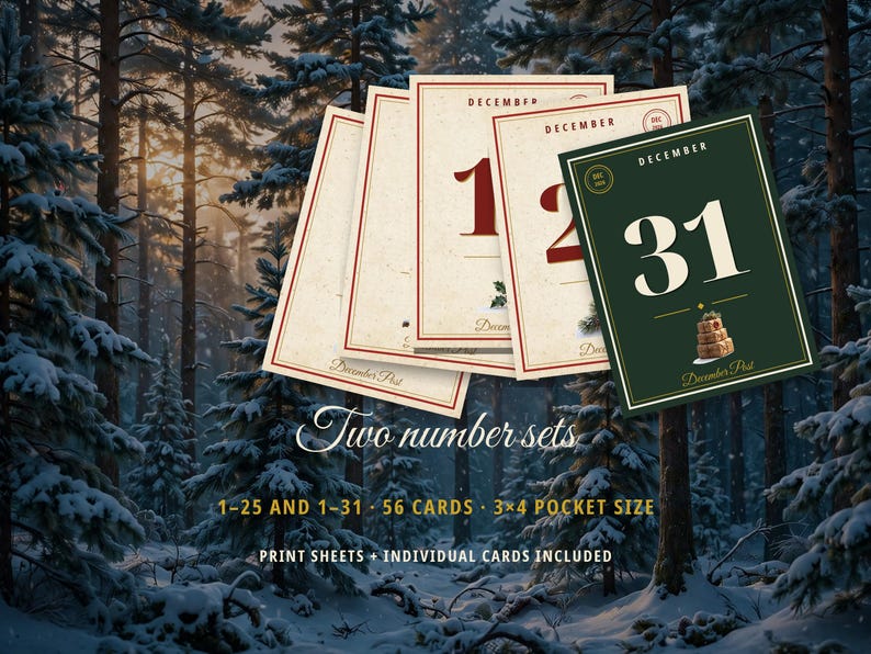May include: A set of 56 cards featuring two number sets, 1-25 and 1-31, in 3x4 inch pocket size. The cards are cream-colored with red text and borders, except for one dark green card with white text. Text includes December, December Post, and Two number sets.