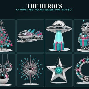May include: A collection of eight chrome holiday decorations labeled THE HEROES, including a tree, rocket sleigh, UFO, and robot. Additional items feature three disco ball ornaments, a starburst topper, a silver star, and a circular wreath.