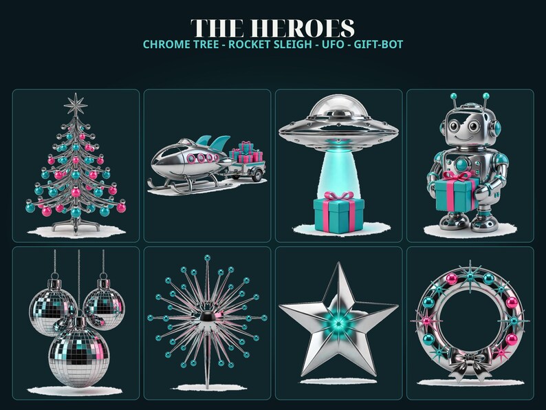 May include: A collection of eight chrome holiday decorations labeled THE HEROES, including a tree, rocket sleigh, UFO, and robot. Additional items feature three disco ball ornaments, a starburst topper, a silver star, and a circular wreath.