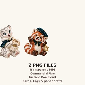 May include: Two digital illustrations of animals: a white snow leopard cub with dark spots wearing a dark cape and holding a gift box, and a red panda wearing a dark beret and bow tie while holding a star-shaped lantern. Text: 2 PNG FILES.