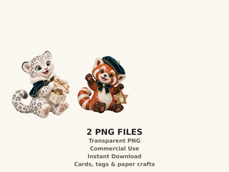 May include: Two digital illustrations of animals: a white snow leopard cub with dark spots wearing a dark cape and holding a gift box, and a red panda wearing a dark beret and bow tie while holding a star-shaped lantern. Text: 2 PNG FILES.