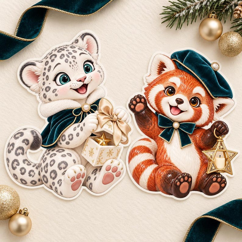 May include: A white snow leopard cub with grey spots wearing a dark green cape and holding a gift box, alongside a red panda wearing a dark green beret and bow tie while holding a star-shaped lantern with a small candle inside.