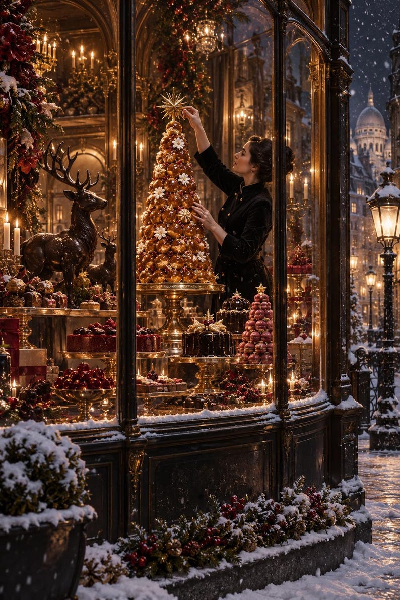 May include: A large croquembouche pastry tower topped with a star, displayed in a shop window alongside dark chocolate cakes, red fruit desserts, and a bronze reindeer statue. The scene is illuminated by warm golden lights in a snowy setting.