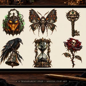 May include: A digital clip art set featuring six illustrations: a glowing jack-o'-lantern, a moth with a skull pattern, an ornate key with a screaming skull, a raven perched on a bell, an hourglass with skulls, and a red rose with a skull.