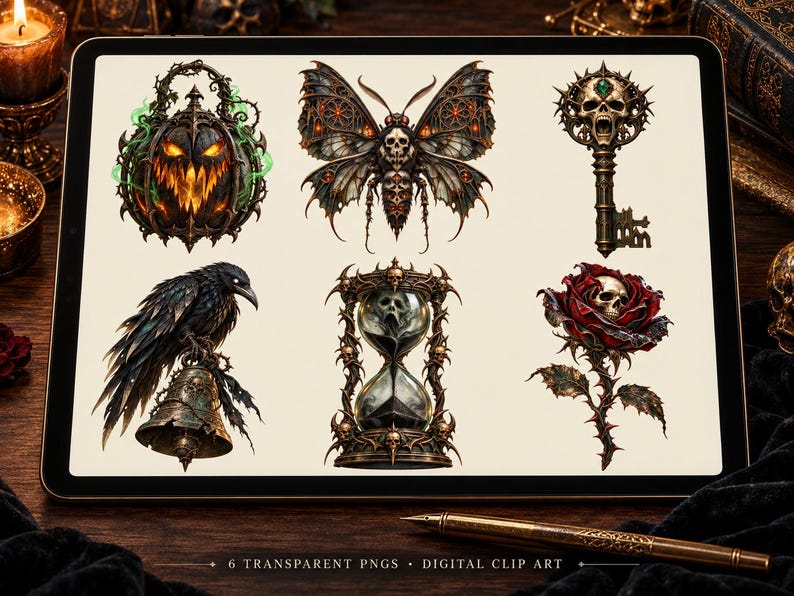 May include: A digital clip art set featuring six illustrations: a glowing jack-o'-lantern, a moth with a skull pattern, an ornate key with a screaming skull, a raven perched on a bell, an hourglass with skulls, and a red rose with a skull.