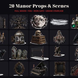 May include: A collection of 20 manor props and scenes featuring an iron gate, a gnarled tree, a full moon, fog, potion bottles, a candelabra, a birdcage, a skull on books, a chandelier, a raven, a cat, tombstones, a fence, a gargoyle, a lamp, a clock, a mirror, a piano, a frame, and a staircase.