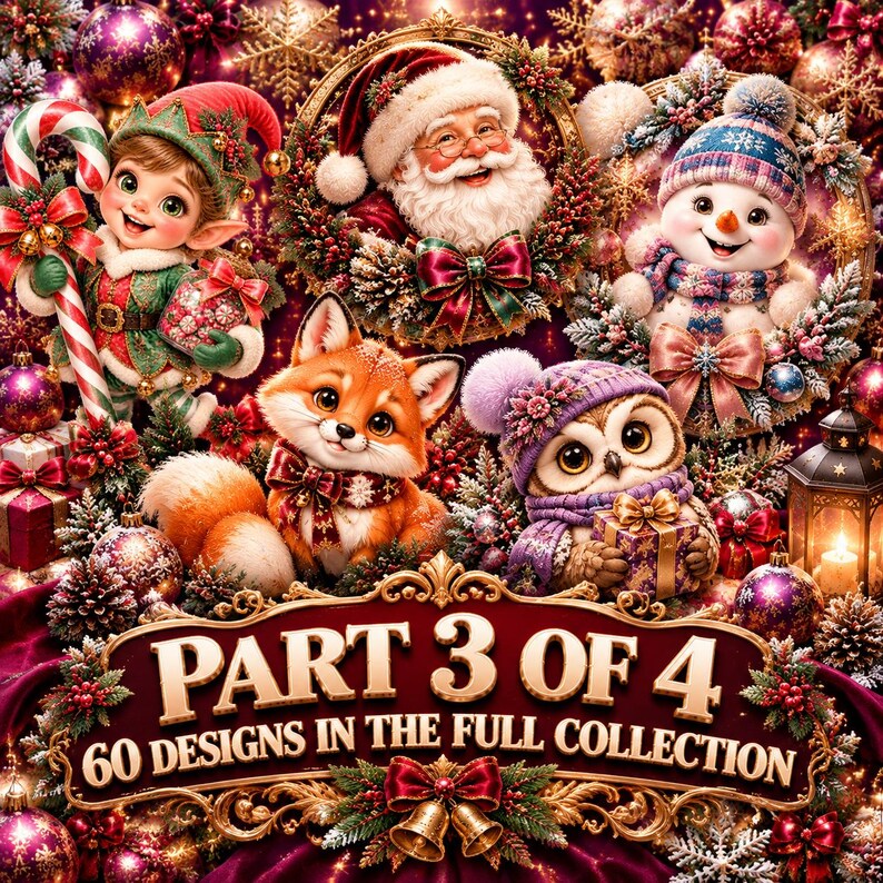 May include: A festive holiday illustration featuring a Christmas elf, Santa Claus, a snowman, a fox, and an owl surrounded by ornaments and greenery. The text reads: PART 3 OF 4, 60 DESIGNS IN THE FULL COLLECTION. The scene is set against a deep purple background.