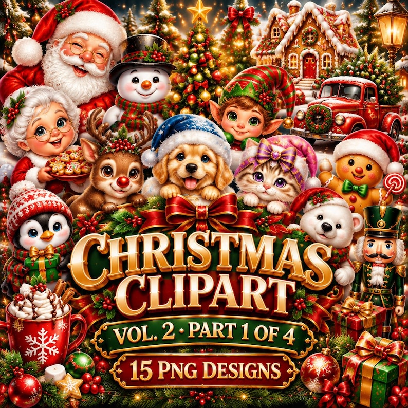 Paquete de imágenes prediseñadas navideñas Vol. 2 Parte 1 / 15 PNG transparentes / Papá Noel asomándose, muñeco de nieve, cachorro, gatito / Uso comercial imagen 1