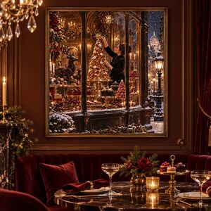 May include: A framed wall art print depicting a festive shop window scene at night, featuring a person decorating a golden Christmas tree, surrounded by holiday ornaments, a reindeer figure, and a snowy street view with a lamp post.
