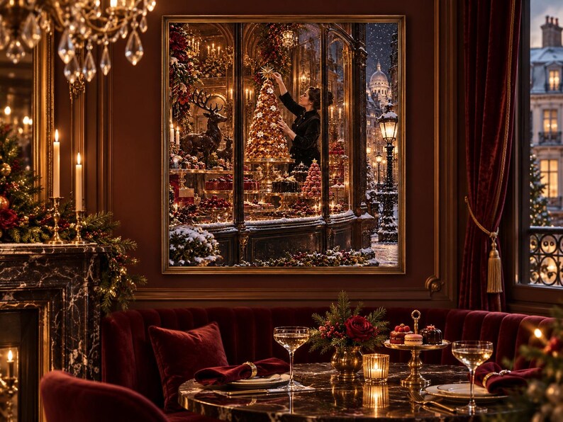 May include: A framed wall art print depicting a festive shop window scene at night, featuring a person decorating a golden Christmas tree, surrounded by holiday ornaments, a reindeer figure, and a snowy street view with a lamp post.