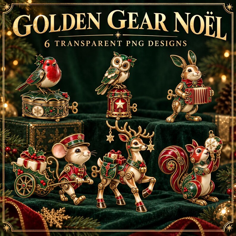 May include: Six mechanical-style Christmas animal figurines including a robin on a box, an owl, a rabbit with an accordion, a mouse pulling a cart, a reindeer with gifts, and a squirrel, with text reading GOLDEN GEAR NO&Euml;L 6 TRANSPARENT PNG DESIGNS.