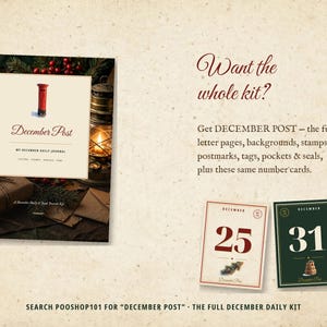 May include: A December Post journal kit featuring a cover with a red pillar box illustration, text reading December Post My December Daily Journal, and two number cards labeled 25 and 31. Text includes Want the whole kit and search instructions.