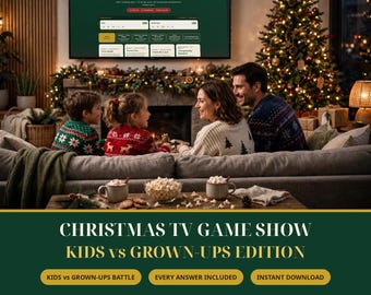 May include: A digital Christmas TV game show titled Kids vs Grown-Ups Edition. The screen displays game categories and scores. Text includes Kids vs Grown-Ups Battle, Every Answer Included, Instant Download, and Not a PDF—it plays on your TV.