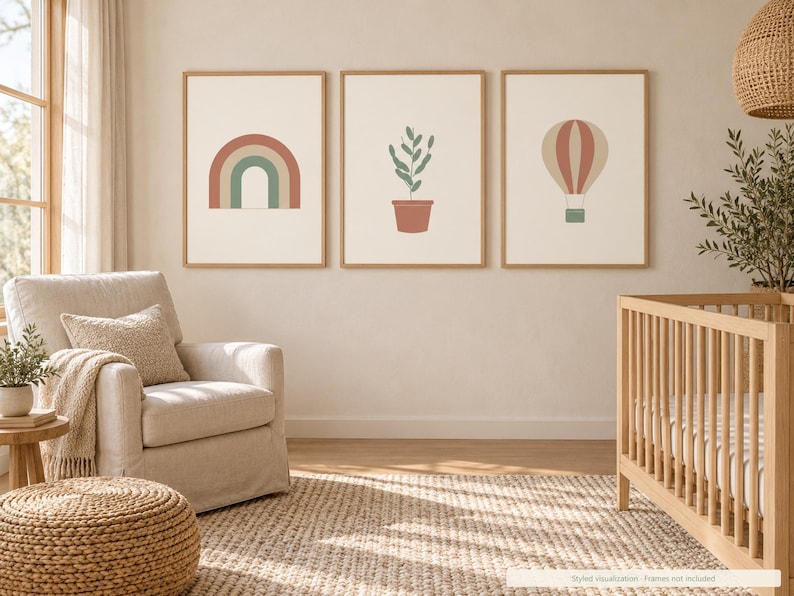 May include: Three framed wall art prints displayed in a row. The left print features a muted rainbow, the center print shows a potted plant, and the right print depicts a hot air balloon. Each illustration uses a soft, earthy color palette.