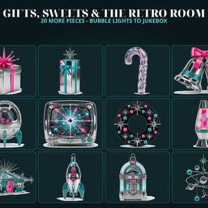 May include: A collection of twelve 3D holiday-themed icons including silver gift boxes with pink and teal ribbons, a candy cane, bells, a retro television, a lava lamp, a rocket ship, a jukebox, and a star-shaped ornament. Text reads: GIFTS, SWEETS & THE RETRO ROOM 20 MORE PIECES - BUBBLE LIGHTS TO JUKEBOX.