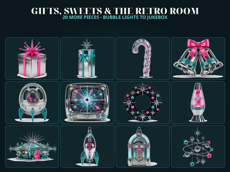 May include: A collection of twelve 3D holiday-themed icons including silver gift boxes with pink and teal ribbons, a candy cane, bells, a retro television, a lava lamp, a rocket ship, a jukebox, and a star-shaped ornament. Text reads: GIFTS, SWEETS & THE RETRO ROOM 20 MORE PIECES - BUBBLE LIGHTS TO JUKEBOX.