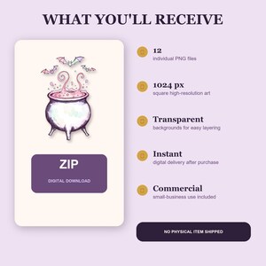 May include: A digital download listing featuring a watercolor-style illustration of a cauldron with pink bubbling liquid and three small bats. Text includes WHAT YOU'LL RECEIVE, 12 individual PNG files, 1024 px, Transparent, Instant, Commercial, ZIP, DIGITAL DOWNLOAD, and NO PHYSICAL ITEM SHIPPED.