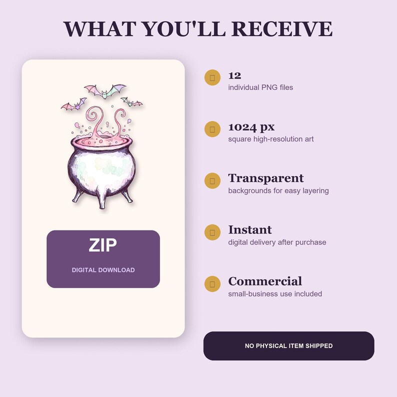 May include: A digital download listing featuring a watercolor-style illustration of a cauldron with pink bubbling liquid and three small bats. Text includes WHAT YOU'LL RECEIVE, 12 individual PNG files, 1024 px, Transparent, Instant, Commercial, ZIP, DIGITAL DOWNLOAD, and NO PHYSICAL ITEM SHIPPED.