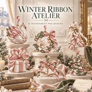 May include: A digital collection titled Winter Ribbon Atelier featuring six transparent PNG designs: a swan, a floral wreath, ballet slippers, a gift box, bells, and a Christmas tree, all decorated with pink and sage green ribbons.
