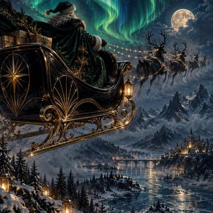 May include: A figure in a dark green cloak sits in a black and gold sleigh filled with wrapped gifts, pulled by reindeer through a night sky with a full moon and green aurora borealis above a snow-covered mountain landscape with lanterns.