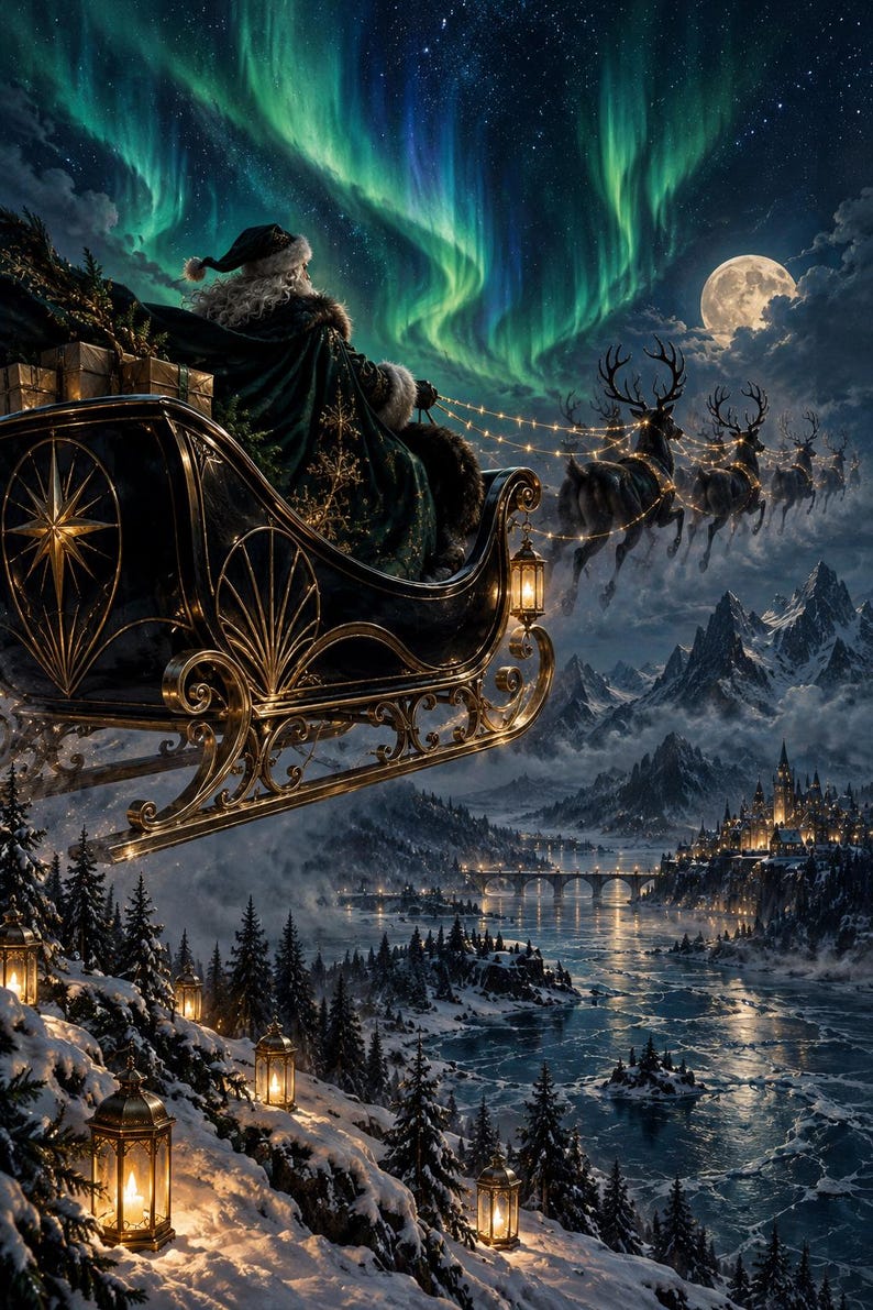May include: A figure in a dark green cloak sits in a black and gold sleigh filled with wrapped gifts, pulled by reindeer through a night sky with a full moon and green aurora borealis above a snow-covered mountain landscape with lanterns.