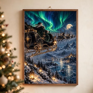 May include: A framed wall art print depicting Santa Claus in a dark sleigh pulled by reindeer flying over a snowy mountain landscape at night. The scene features a vibrant green aurora borealis, a full moon, and glowing lanterns along a river.